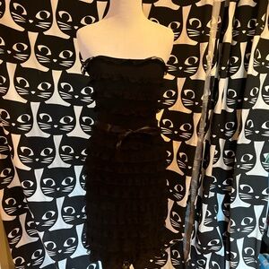 Vintage Betsey Johnson Strapless Black Ruffle Dress with Satin Waist Tie